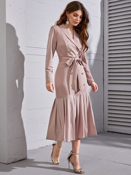 

double breasted pleated hem belted blazer dress j3sz#, White