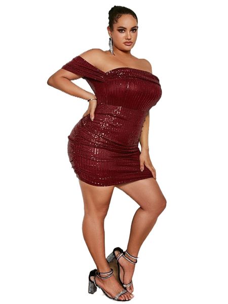 

glamaker plus off shoulder ruched sequin bodycon dress v6lq#, Black