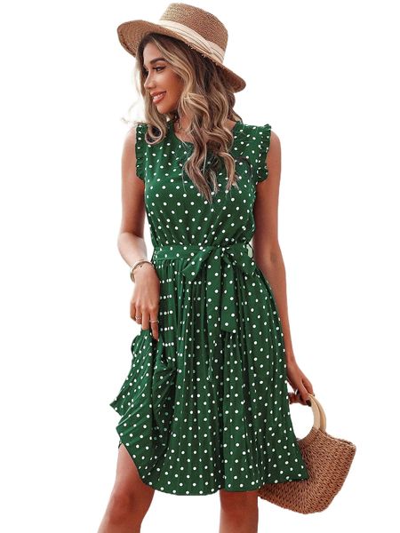 

polka dot ruffle trim pleated hem belted dress p6qm#, Black;gray