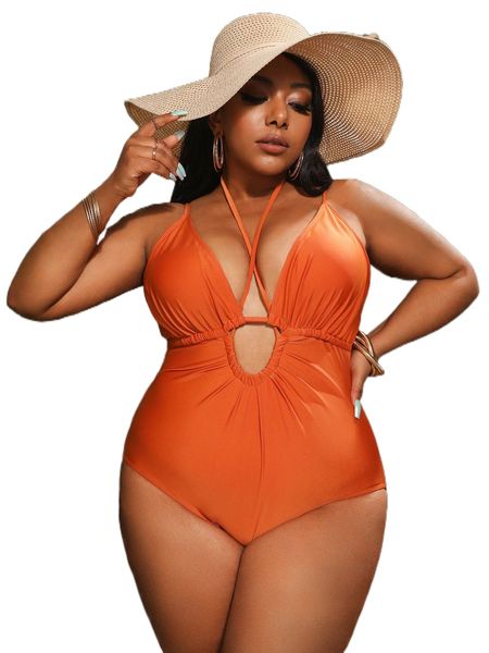 

plus cut out halter one piece swimsuit s9bj#, White;black