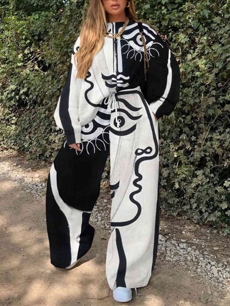 

women's two piece pants 2022 women's casual round neck loose print basic sweater set i0ej, White