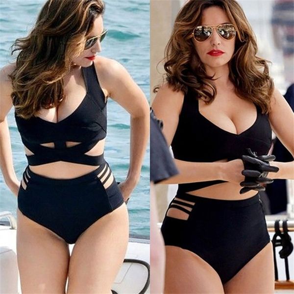 2021 Bikini sexy Europeu e americano preto e tamanho grande de biquíni Splitwearwear fêmea de cintura alta gordura de cinto oco 210305