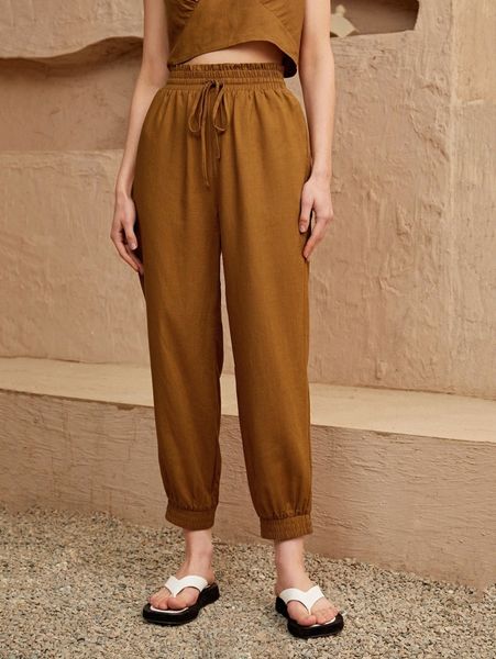 

frill trim drawstring waist pants 85il#, Black;white