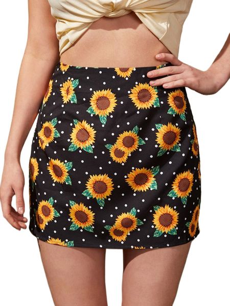 

polka dot and sunflower print skirt 57eq#, Black
