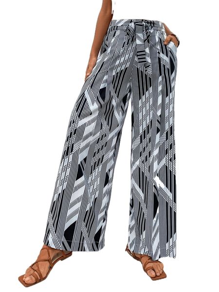 

geo print tie front slant pockets wide leg pants 29fz#, Black;white