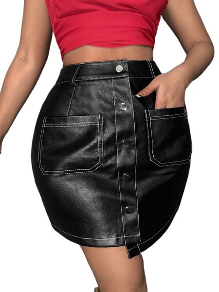 

sxy stitching pocket patched asymmetrical hem pu skirt j7oj#, Black