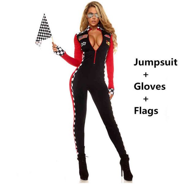 Plus Tamanho Sexy Mulher Mangas compridas Motorista de carros de piloto de piloto de piloto de piloto de corrida com luvas Conjunto de Halloween Costume H220425