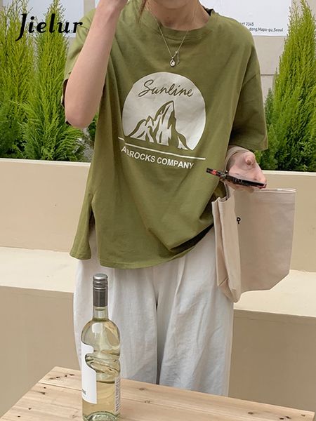 

jielur bf harajuku tshirt women loose split apricot green orange woman tshirts oneck simple print female cotton tshirts mxl 220615, White