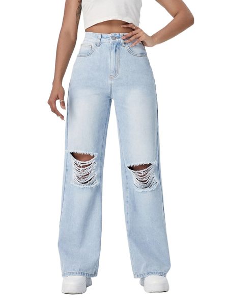 

high waist ripped frayed wide leg jeans 67ax#, Blue