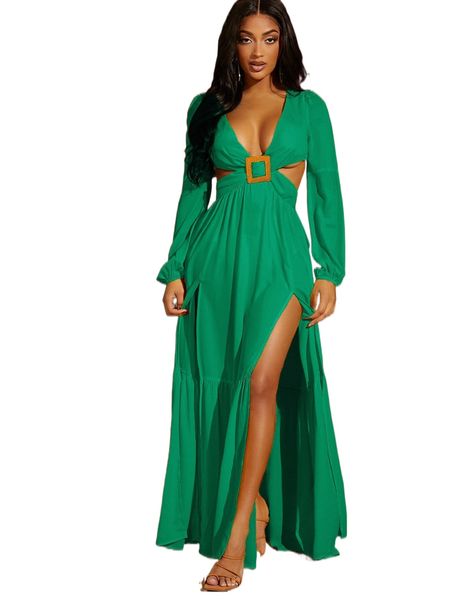 

crisscross tied backless buckle front split thigh dress y1ca#, Black;gray