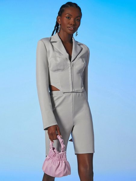 

lapel neck asymmetrical hem blazer q1r7#, White