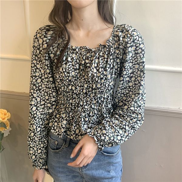 

slash nech chiffon floral long sleeve vintage basic loose simple spring arrivals women blouses 210426, White