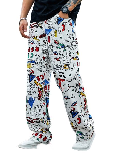 

men cartoon & letter graphic jeans 57ry#, Blue
