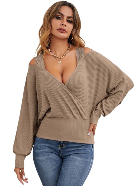 

contrast lace cold shoulder batwing sleeve tee e9sc#, White