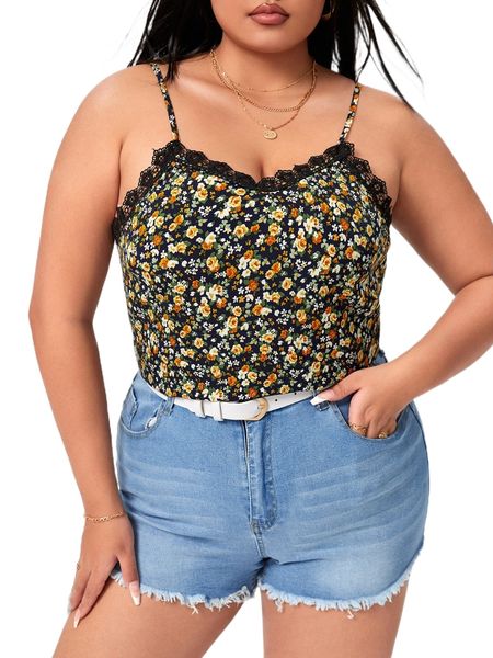 

plus ditsy floral guipure lace detail cami v2sn#, Black