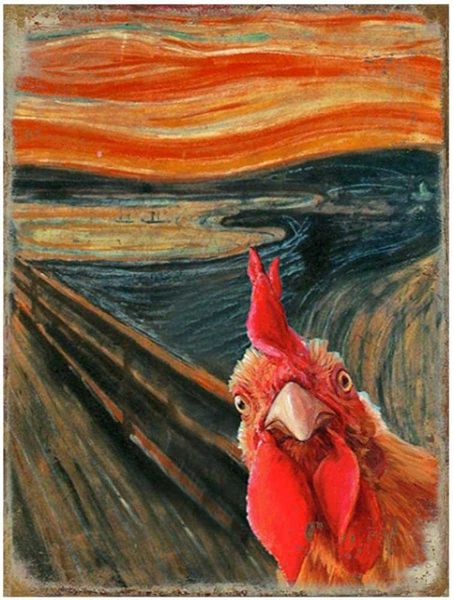

original retro design rooster in the oil painting "the scream", solid wood signs wall art|natural wooden board print poster wall d