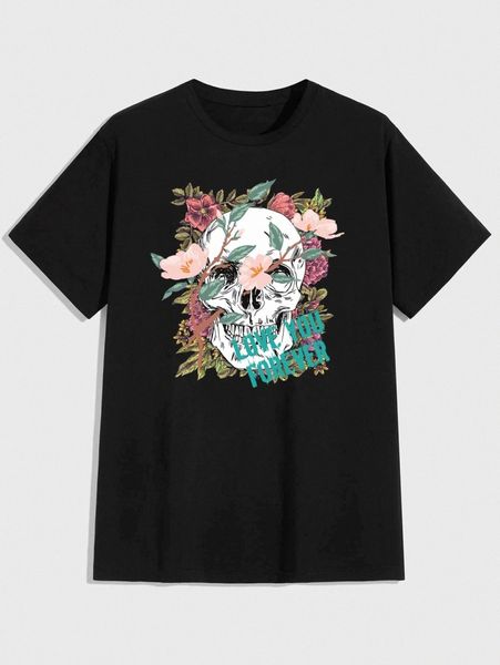 

romwe guys skull & floral graphic tee x4qk#, White;black