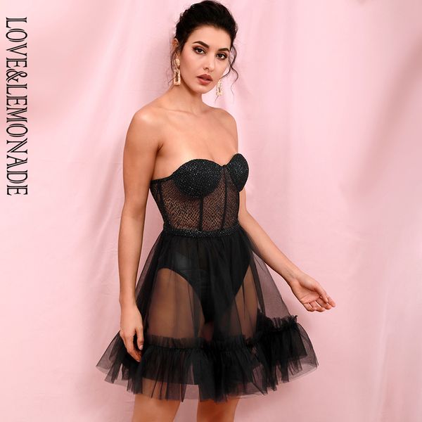 LOVELEMONADE Schwarz Sexy Tube Top Perspektive Mesh Flauschige Form Glitter Geklebt Party Mini Kleid LM82353 220507