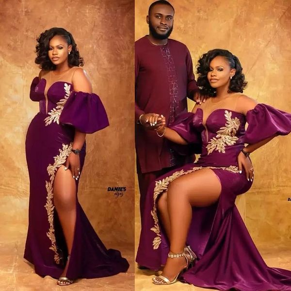 

2022 plus size arabic aso ebi purple mermaid prom dresses lace high split sheer neck evening formal party second reception gowns b0408, Black