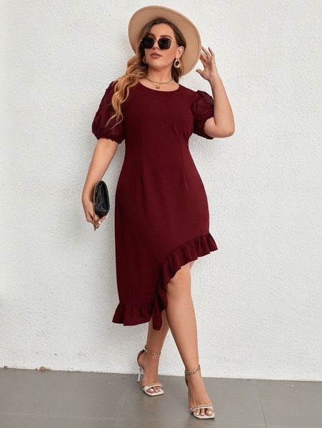 

plus swiss dot puff sleeve ruffle hem dress r3ie#, Black