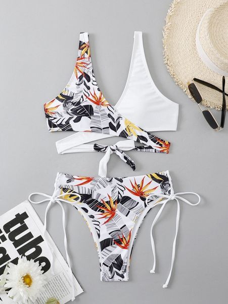 

tropical print wrap bikini swimsuit v4um#, White;black