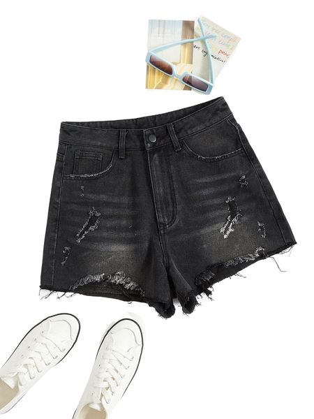 

ripped frayed cat whisker denim shorts d1mh#, White;black