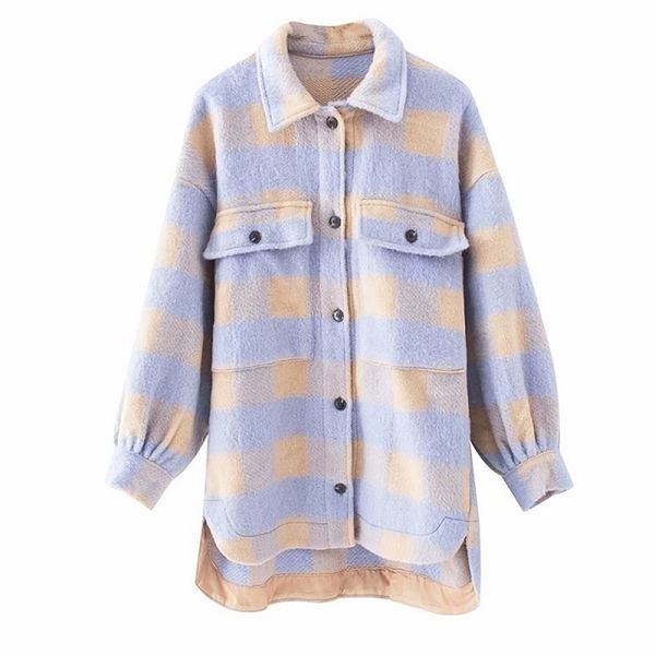 

stylish sweet plaid woolen shirt jackets women fashion pockets turn-down collar check jacket cute girls chic coat streetwear 201221, Black