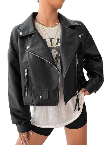 

zip pocket flap detail pu biker jacket a1fg#, Black;brown