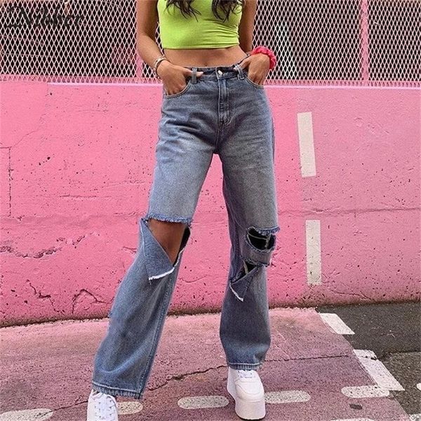 

nibber autumn winter harajuku hollow denim pants womens pure leisure loose slim flare pants mujer hip hop denim pants t200223, Black;white