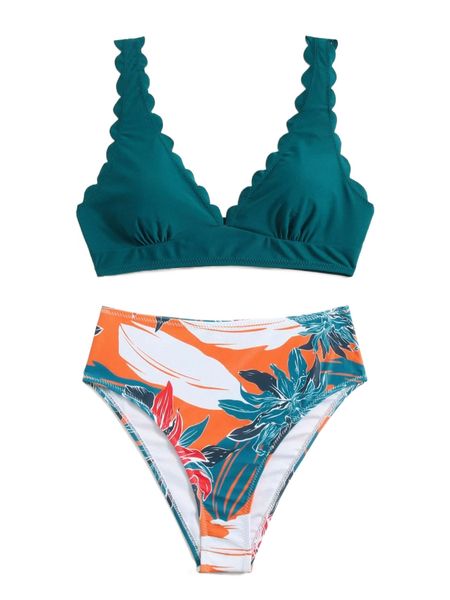 

plant print scallop trim bikini swimsuit s5io#, White;black