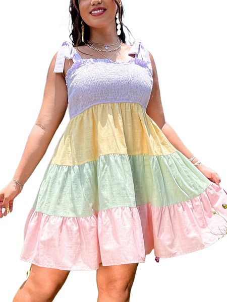 

plus color block shirred tie shoulder ruffle hem cami dress p8zl#, Black