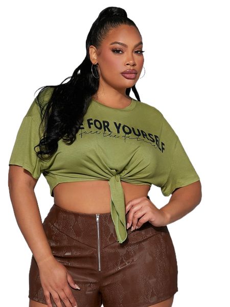 

sxy plus slogan graphic tie front drop shoulder tee r6fm#, Black