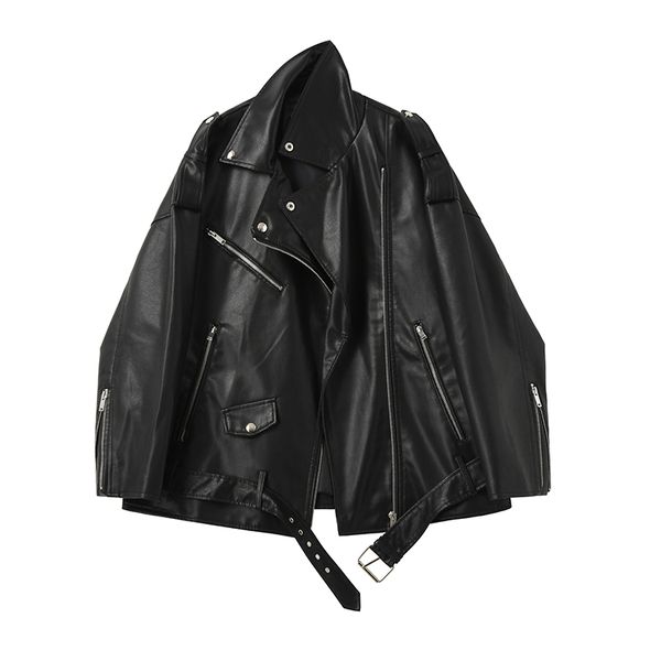 

spring autumn faux leather jackets women loose casual coat female drop-shoulder motorcycles locomotive outwear with belt, Black