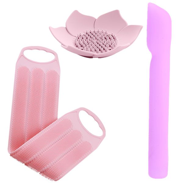 

three-piece odorless effective exfoliation travel outdoor portable silicone life tool soap tray bath towel toothbrush set