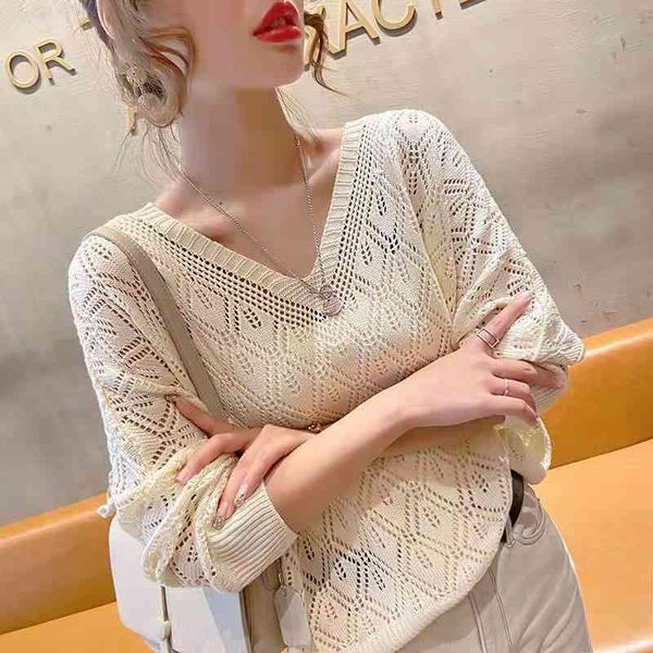 

ladies v neck pullover fashion crochet hollow knit solid color sweater new loose thin spring casual bat shirt cropped, White