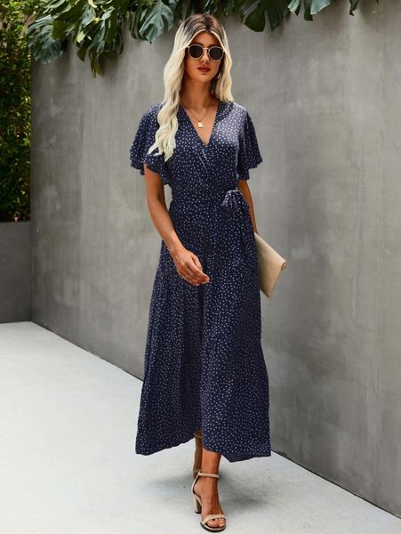 

polka dot wrap belted a-line dress u4sv#, Black;gray