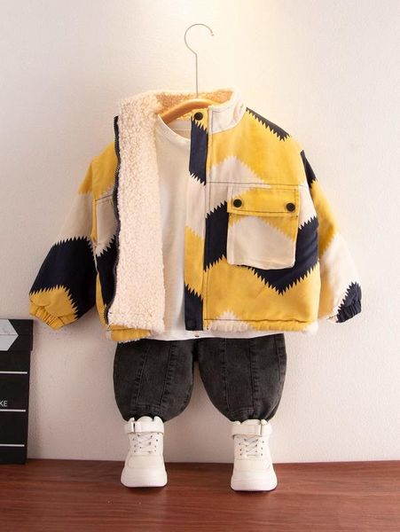 

toddler boys geometric print thermal lined coat she, Blue;gray
