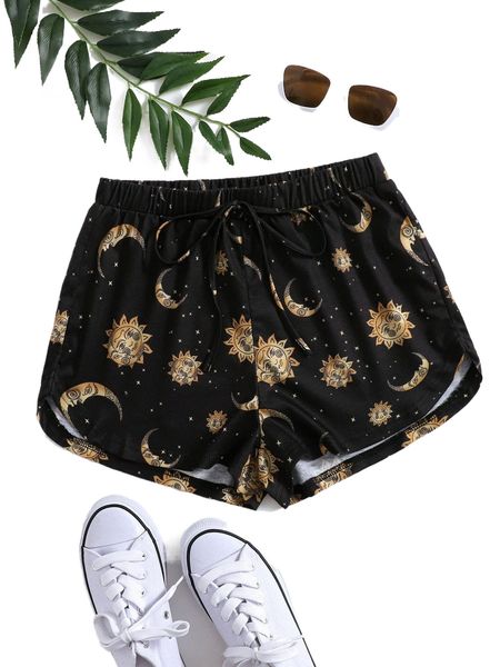 

moon & sun print knot front shorts g9ux#, White;black
