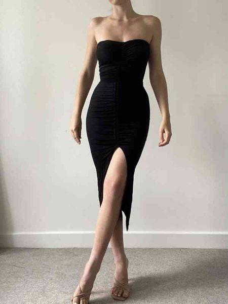 

casual dresses 2022 women's pleated bandage slit strapless dress xjcm, Black;gray
