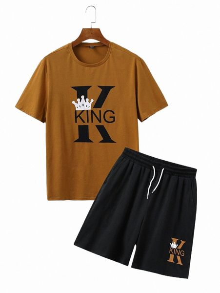 

men crown & letter graphic tee & drawstring waist shorts d6rm#, Gray