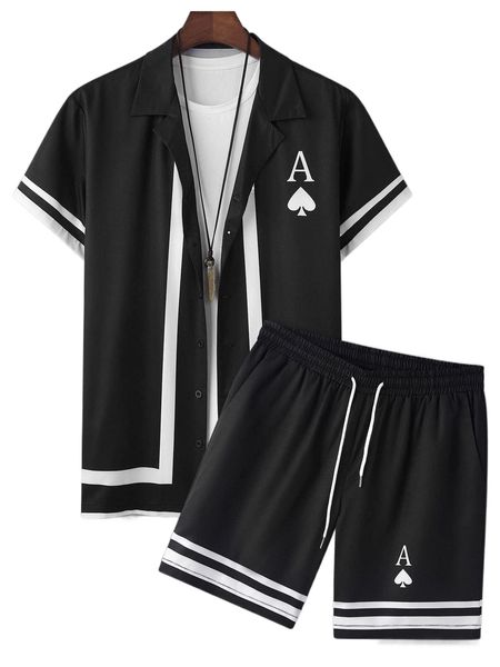 

men playing card & striped print shirt & shorts without tee s1l5#, Gray