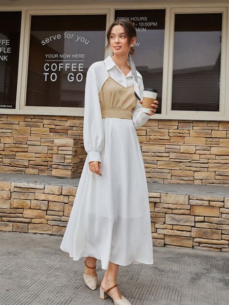 

colorblock lantern sleeve collared 2 in 1 dress r67x#, Black;gray