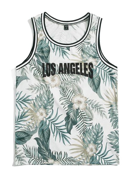 

men letter & tropical print tank u3it#, White;black