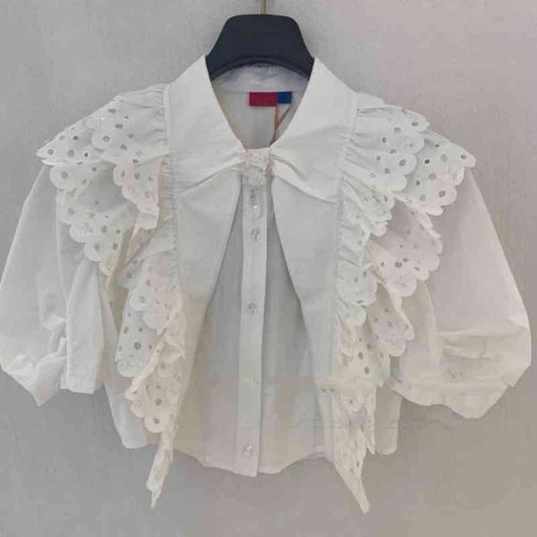 

women's polos solid color elegant sweet short sleeve shirt niche summer academic lapel ruffle embroidered top, White