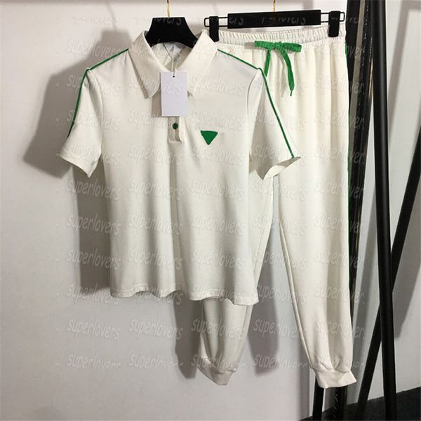 

triangle badge polos womens summer casual pants set short sleeve lapel polo, White