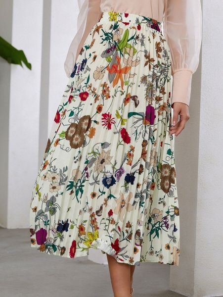 

floral print pleated skirt j0jg#, Black