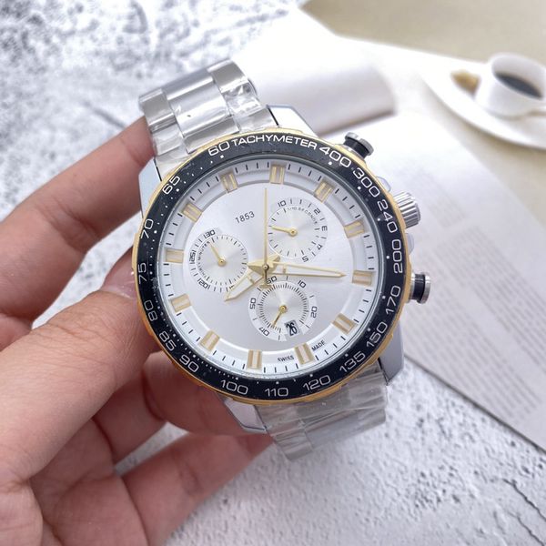 

2022 luxury mens watches all dials working quartz watch 1853 brand chronograph clock steel belt fashion montre de luxe six needle work whole, Slivery;brown