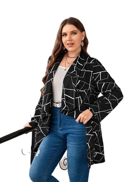 

plus allover geo print belted coat y1tx#, Black