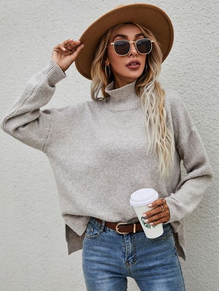 

funnel neck drop shoulder split hem sweater d6gd#, White;black