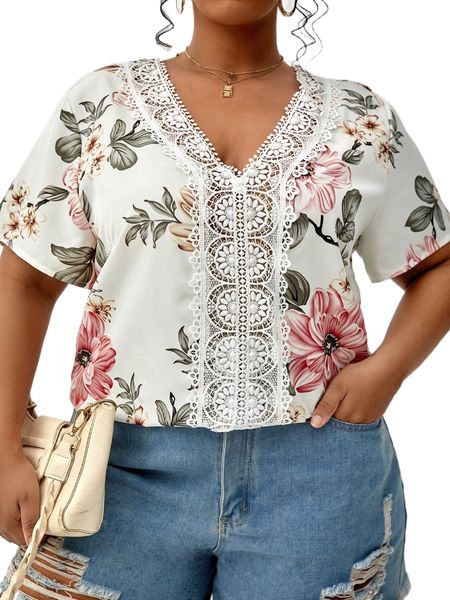 

plus floral print guipure lace panel blouse u3al#, Black